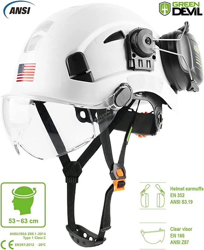 Safety Helmet Hard Hat with Visor and Ear Protection Adjustable Lightweight Vented ABS Work Helmet